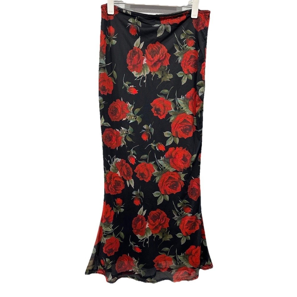 SHEIN Maxi Skirt Women's Size XL/12 Black Rose Print Mesh Long Stretch Pull On